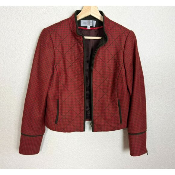 Worth Women's Blazer Jacket Size 4 Wool Houndstooth Quilted Red Career Full Zip - Picture 2 of 12